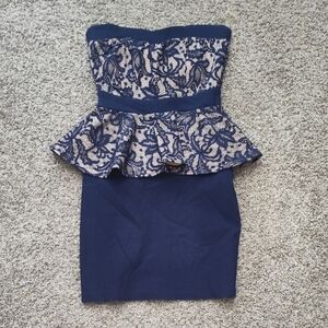 HeartSoul Blue and Tan Strapless Peplum Dress
